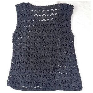 Handmade Black Crochet Tank Top Open Knit Shell Boho Festival Grunge Small